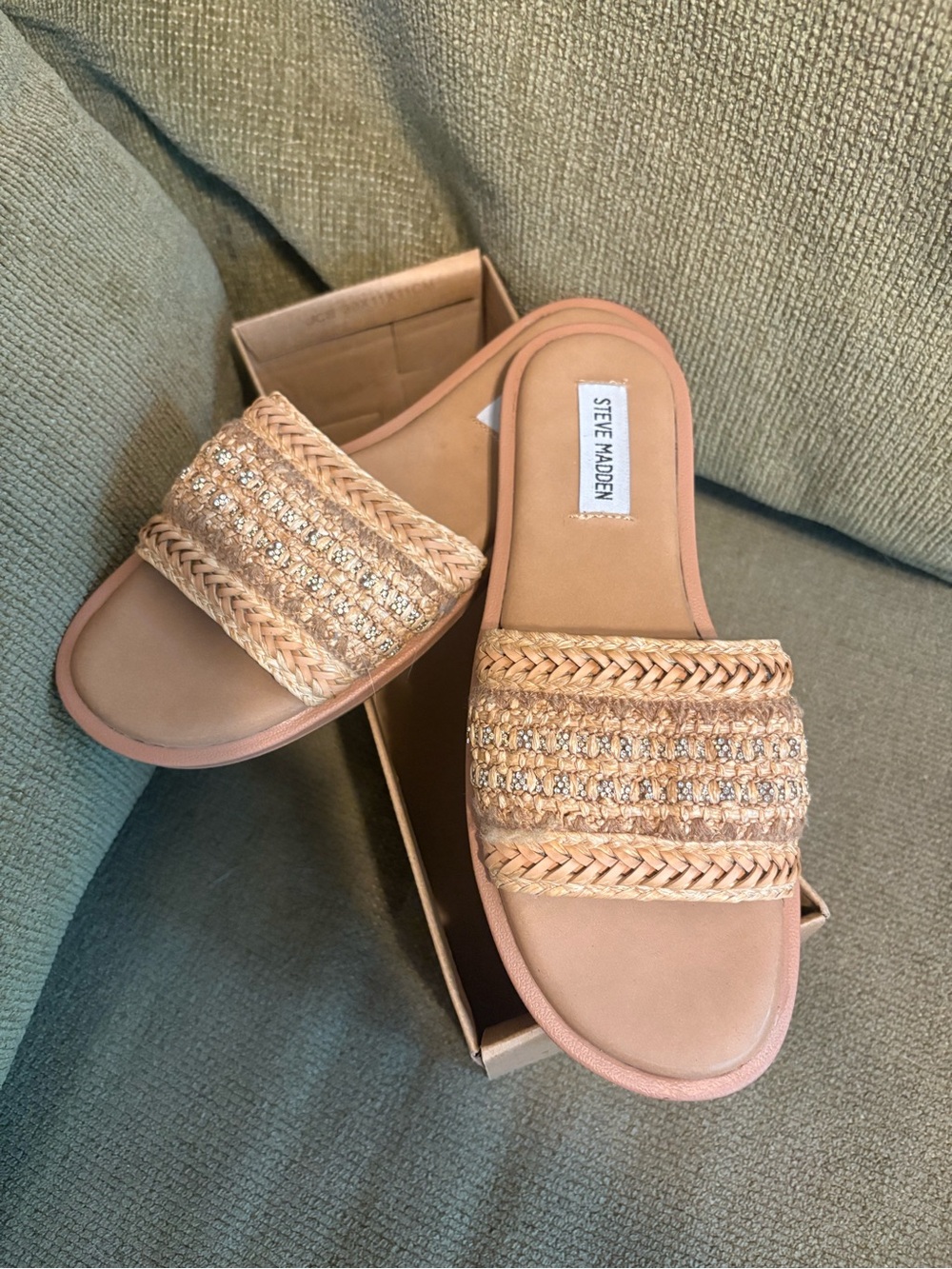 Steve Madden Tan Braided & Beaded Slide Sandals